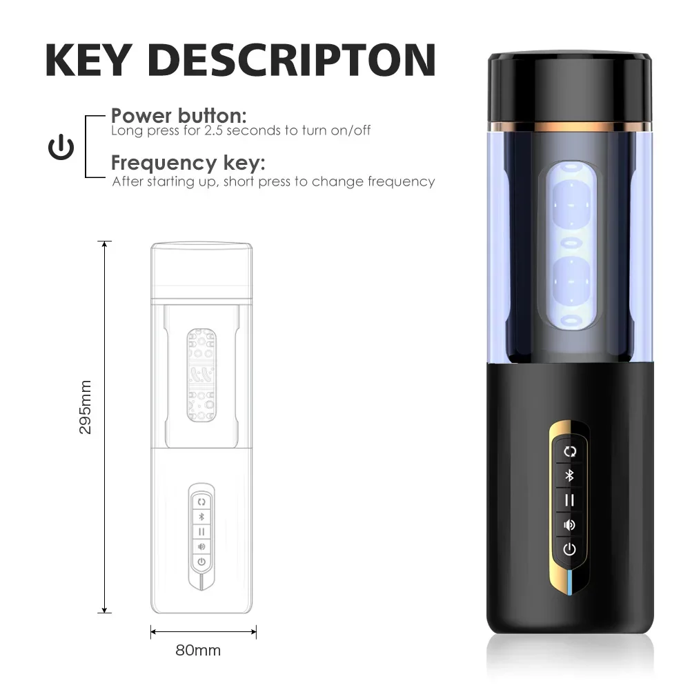 Dimensions and key button descriptions for a male masturbato